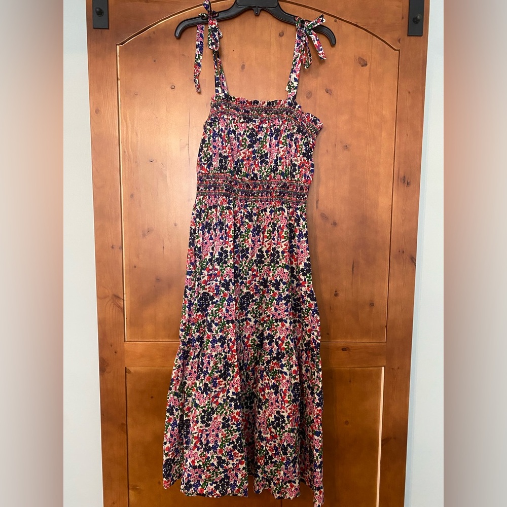 NWT J Crew Smocked Midi Dress Size S Feminine Cotton Tie Strap Floral Print